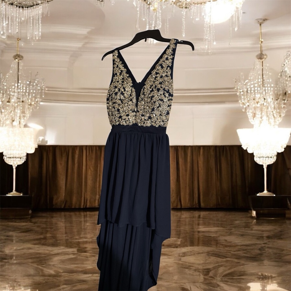 Honey and Rosie Navy Dress with Gold Accents